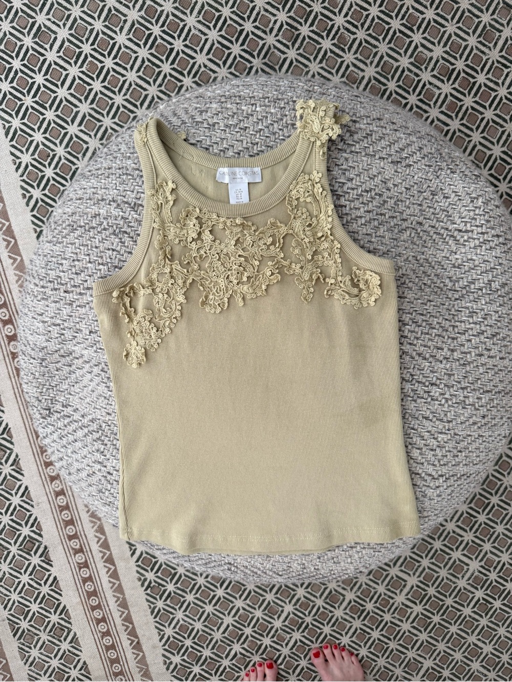 Caroline Constas Tan Lace-Appliqué Ribbed Tank Top Size M
